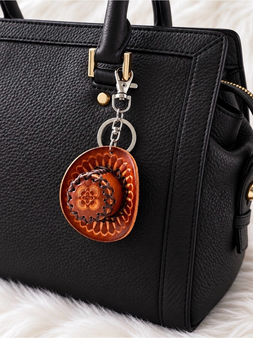 Leather Cowboy Hat Keychain Bag Charm Key Ring Handmade Gift New